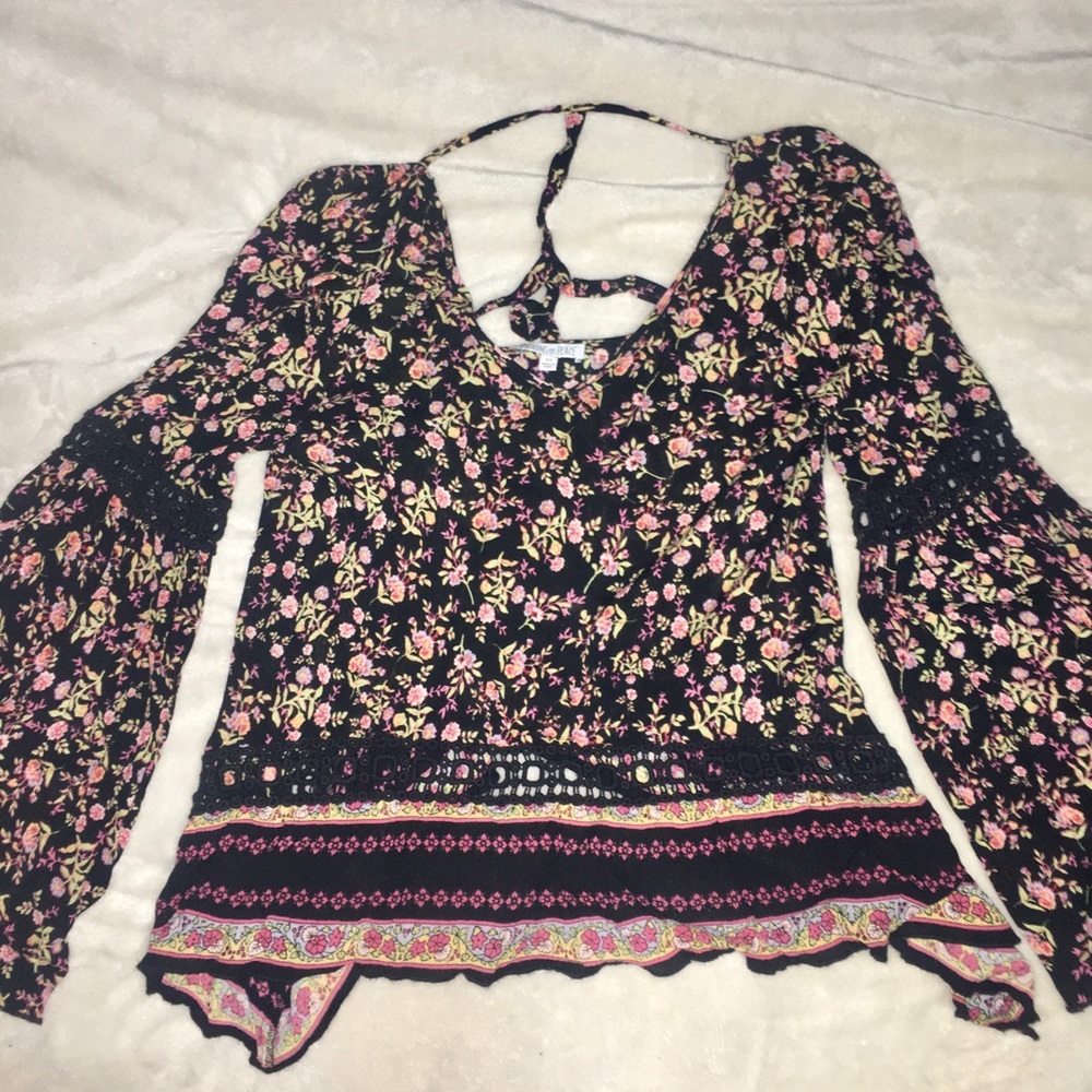 Black floral bell sleeve top